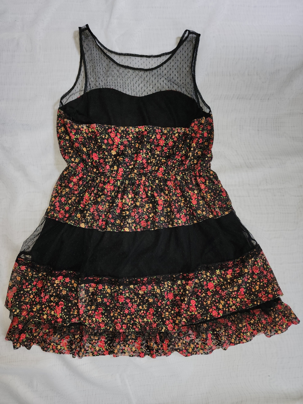 Pinky Black Floral Tiered Mesh Sundress with Red and Yellow Blooms